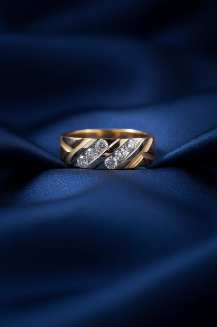 10K Two-Tone Men's Diamond Diagonal Stripe Ring on midnight blue silk backdrop editorial marketing image