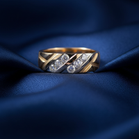 10K Two-Tone Men's Diamond Diagonal Stripe Ring on midnight blue silk backdrop editorial marketing image