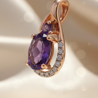 14K Rose Gold Oval Amethyst & Diamond Halo Pendant - side angle