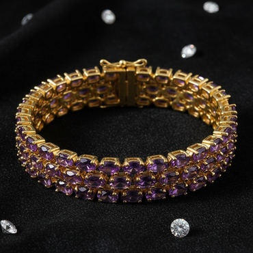 Sterling Silver Rose Gold Plated Three-Row Oval Amethyst Bracelet - Angled View
