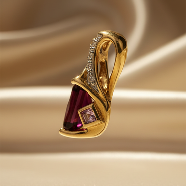 14K two-tone gold garnet and pink topaz diamond pendant side profile