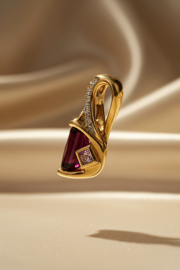 14K two-tone gold garnet and pink topaz diamond pendant side profile