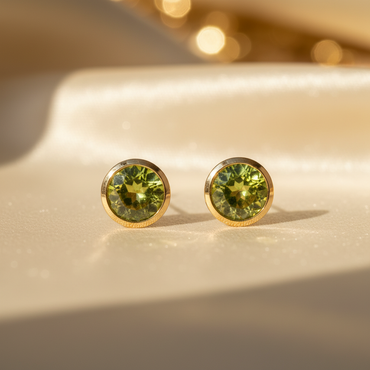 14K white gold round peridot bezel stud earrings 5mm - editorial marketing image 1