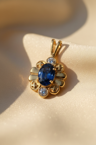 14K Yellow Gold Oval Sapphire & Diamond Pendant – Angle View