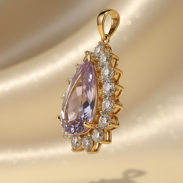 10K yellow gold pear-cut amethyst and diamond starburst halo pendant, side profile view