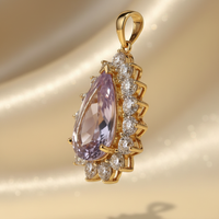 10K yellow gold pear-cut amethyst and diamond starburst halo pendant, side profile view
