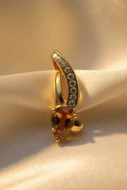 14K Yellow Gold Pear Citrine & Diamond Pendant - editorial front