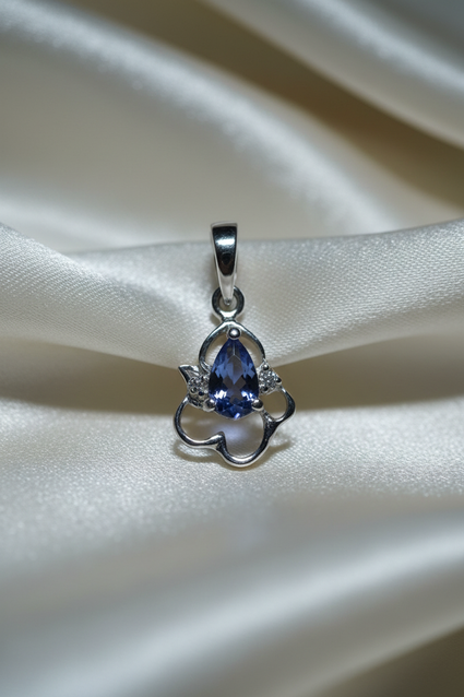 14K White Gold Tanzanite & Diamond Art Nouveau Pendant - Front View