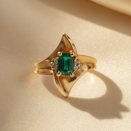 10K Yellow Gold Created Emerald-Cut Emerald & Diamond Ring - marketing image 2