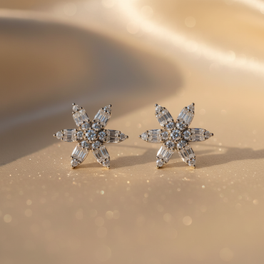 10K white gold natural diamond flower cluster stud earrings with marquise and baguette diamond petals, angle 2
