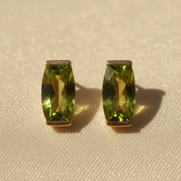 14K yellow gold peridot checkerboard stud earrings - editorial marketing image 1
