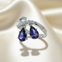 14K White Gold Pear Iolite Diamond Toi et Moi X-Cross Bypass Ring — Three-Quarter View