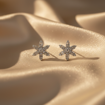 10K white gold natural diamond flower cluster stud earrings with marquise and baguette diamond petals, angle 5