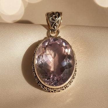 Sterling silver oval pink amethyst pendant 16x11mm - editorial marketing image 1