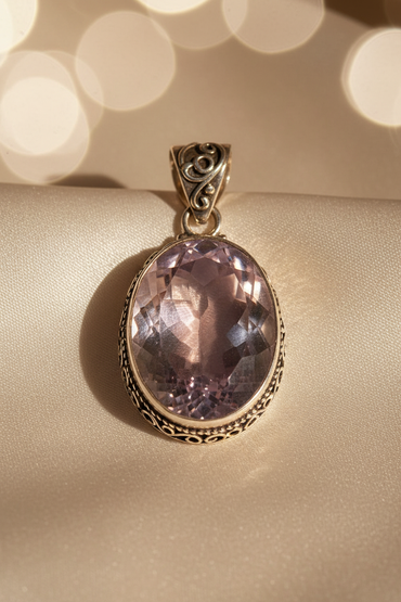 Sterling silver oval pink amethyst pendant 16x11mm - editorial marketing image 1