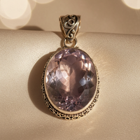 Sterling silver oval pink amethyst pendant 16x11mm - editorial marketing image 1