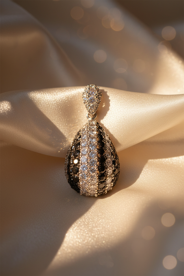 14K White Gold Black & White Sapphire Teardrop Pavé Pendant – Front View