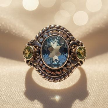 Sterling Silver 18K Yellow Gold Blue Topaz and Peridot Ring - editorial top view
