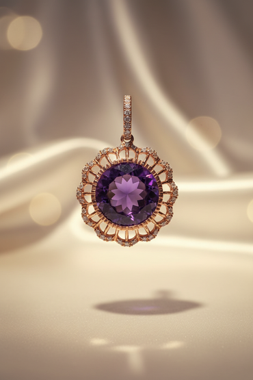 14K Rose Gold Amethyst & Diamond Filigree Pendant - front view