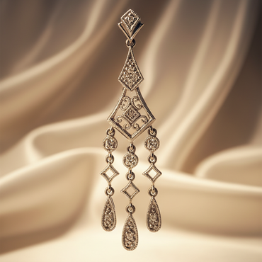 14K white gold Art Deco diamond chandelier pendant - front full length editorial
