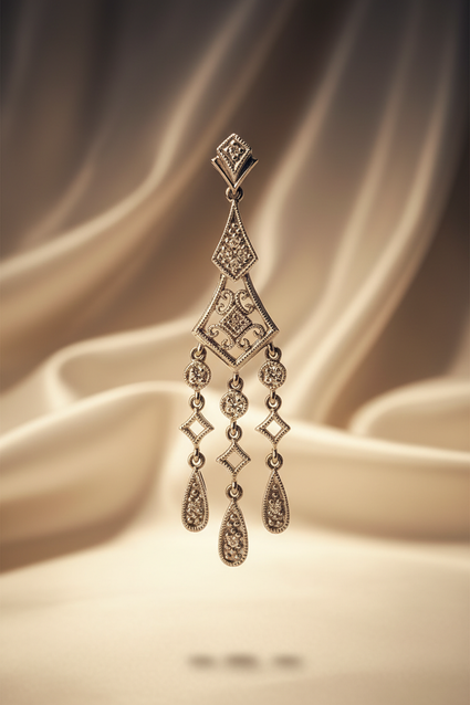 14K white gold Art Deco diamond chandelier pendant - front full length editorial