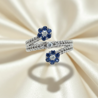 14K White Gold Blue Sapphire Flower Cluster Toi et Moi Bypass Ring — Front View