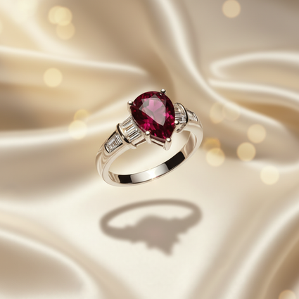 14K White Gold Pear-Cut Ruby & Baguette Diamond Ring - Angle View