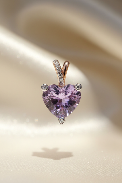 14K Rose Gold Heart Amethyst & Diamond Pendant - front view