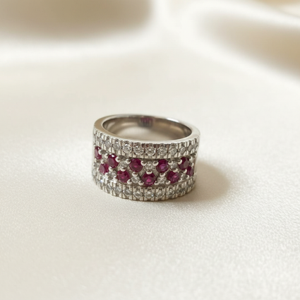 14K White Gold Ruby Diamond Wide Band Ring - three quarter editorial