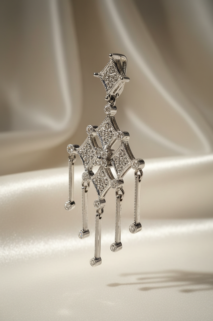 14K white gold .35ctw diamond art deco chandelier pendant, elevated side view