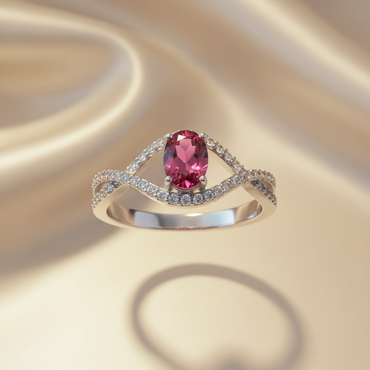 10K White Gold Oval Pink Tourmaline Ring with Diamond Infinity Bypass Shank - Top Down View