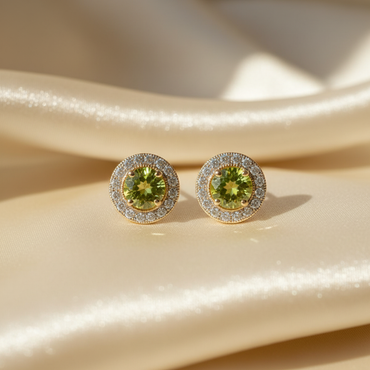 10K yellow gold peridot and diamond crown halo stud earrings - editorial marketing image 2
