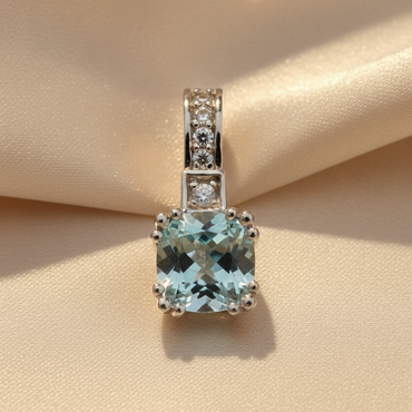 14K White Gold 6mm Cushion Aquamarine & Diamond Pendant - editorial top-down