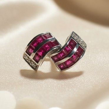 18K White Gold Ruby & Diamond Bypass Wave Slide Pendant - front flat lay