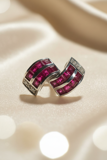 18K White Gold Ruby & Diamond Bypass Wave Slide Pendant - front flat lay