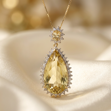14K gold citrine and diamond pear pendant necklace, front view on cream satin