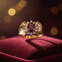 10K yellow gold rhodolite garnet diamond halo ring luxury editorial marketing photo