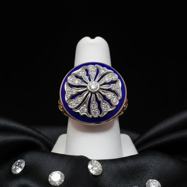 Victorian 14K Yellow Gold Blue Enamel Diamond Medallion Ring - Display View