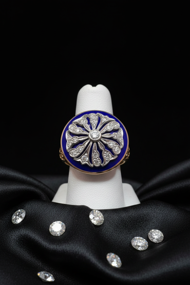 Victorian 14K Yellow Gold Blue Enamel Diamond Medallion Ring - Display View