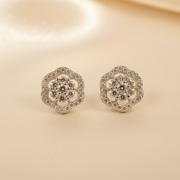 10K white gold pavé diamond camellia flower cluster stud earrings with round brilliant diamonds, angle 1