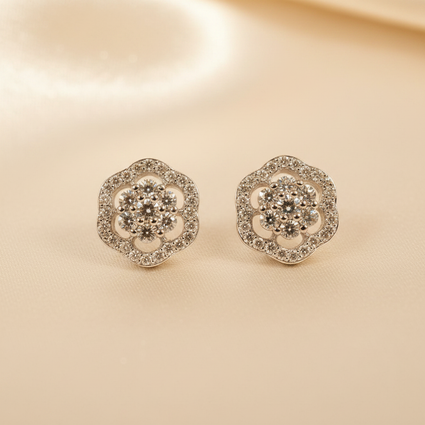 10K white gold pavé diamond camellia flower cluster stud earrings with round brilliant diamonds, angle 1