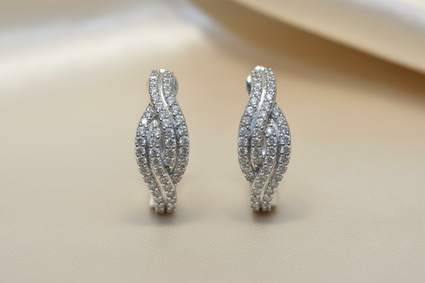 14K White Gold Diamond Twisted Infinity Crossover Hoop Earrings - Pair View