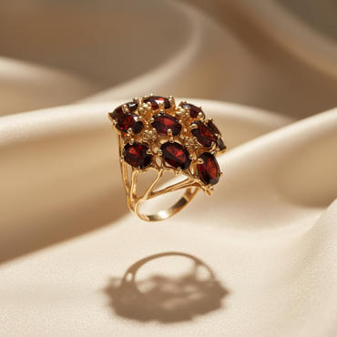 10K Yellow Gold Garnet Cluster Cocktail Ring - Side View