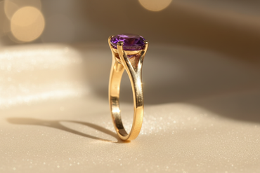 14K Yellow Gold Round Amethyst Solitaire Ring - side profile