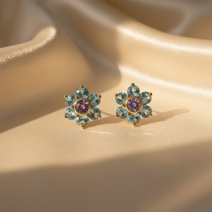 14K yellow gold blue topaz and amethyst flower cluster stud earrings - editorial marketing image 1