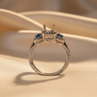 14K White Gold Sapphire & Diamond Three-Stone Halo Semi-Mount - editorial side profile