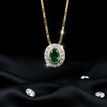 14K Yellow Gold Oval Emerald Diamond Halo Pendant Necklace - Full View