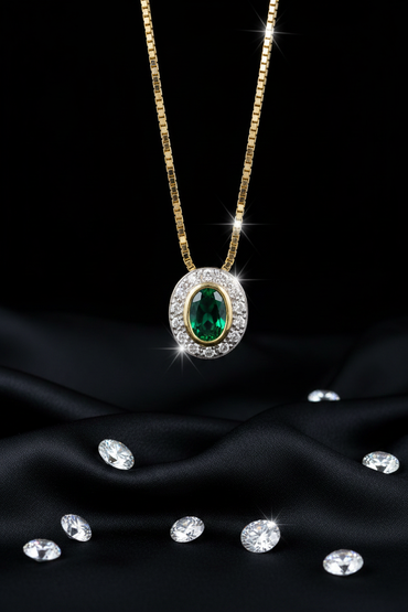 14K Yellow Gold Oval Emerald Diamond Halo Pendant Necklace - Full View