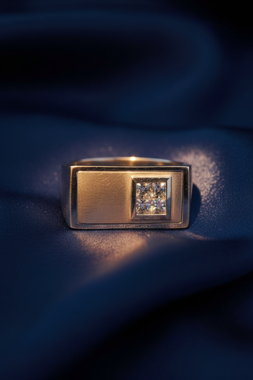 14K White Gold Men's Princess Cut Diamond Ring on midnight blue silk backdrop editorial marketing image