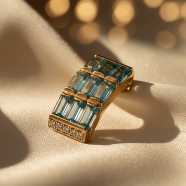 14K yellow gold blue topaz and diamond slide pendant, three-quarter angle
